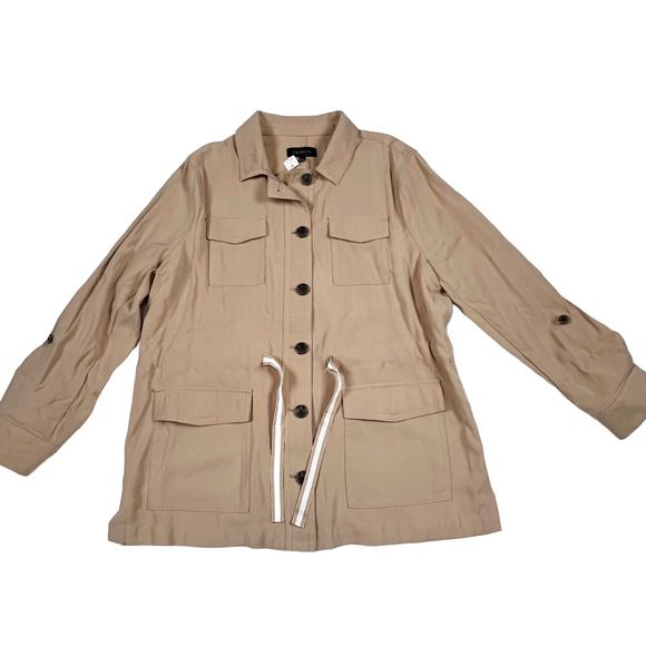 NWT Talbots Military Field Utility Jacket Drawcord Waist Shacket Tan Roll Tab XL - Picture 2 of 15